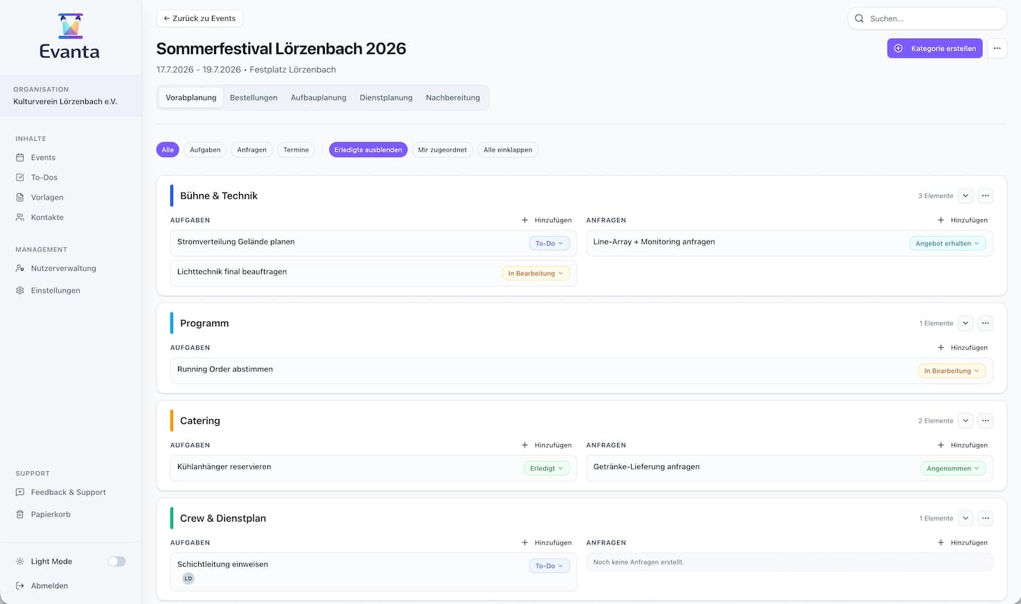 Evanta Dashboard Screenshot
